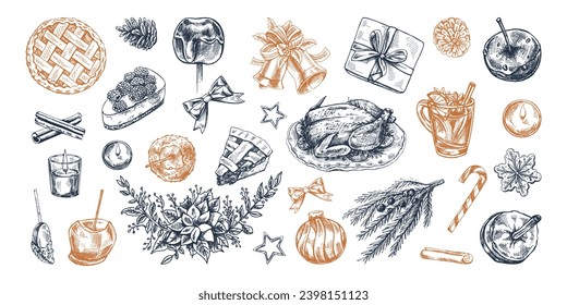 Hand-drawn Christmas set in sketch style. Festive decoration: wreath, gift, sweets, food, Christmas tree decor, drinks and spices sketches. Vintage design elements for winter holyday. Isolated. 