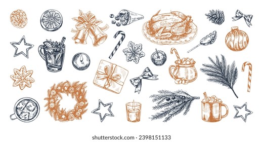 Hand-drawn Christmas set in sketch style. Festive decoration: wreath, gift, sweets, food, Christmas tree decor, drinks and spices sketches. Vintage design elements for winter holyday. Isolated. 