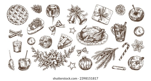 Hand-drawn Christmas set in sketch style. Festive decoration: wreath, gift, sweets, food, Christmas tree decor, drinks and spices sketches. Vintage design elements for winter holyday. Isolated. 