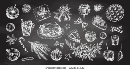 Hand-drawn Christmas set in sketch style isolated on chalkboard background. Festive decoration: wreath, gift, sweets, food, Christmas tree decor, drinks and spices sketches. Ingraved isolated. 