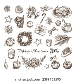 Hand-drawn Christmas set in sketch style. Festive decoration: wreath, gift, sweets, food, Christmas tree decor, drinks and spices sketches. Ingraved.