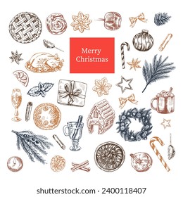 Hand-drawn Christmas set in sketch style. Festive decoration: wreath, gift, sweets, food, Christmas tree decor, drinks and spices sketches. Ingraved.