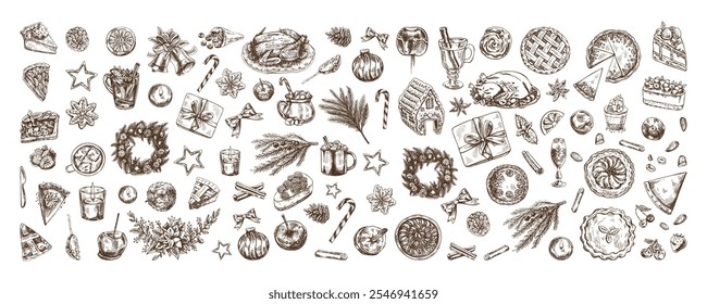 Hand-drawn Christmas set in sketch style. Festive decoration: wreath, gift, sweets, food, Christmas tree decor, drinks and spices sketches. Vintage design elements for winter holyday. Ingraved. 