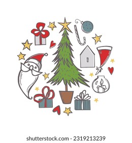 Fiesta de Navidad dibujada a mano. Ilustración de esbozo del vector.