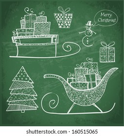 Hand-drawn Christmas sketch illustrations with ornaments on blackboard. Sleighs, gift boxes, snowman, Christmas tree. Vector illustration.