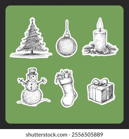 Hand-drawn Christmas sketch sticker bundle featuring tree, snowman, bauble, stocking, present, and candle.Christmas element collection