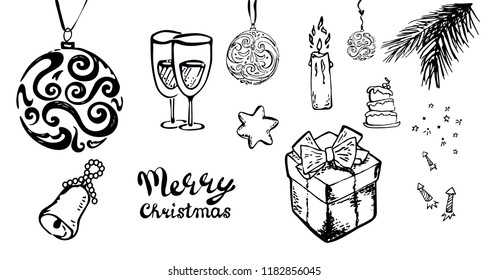Hand-Drawn Christmas Sketchy Doodles- Vector Illustration Design Elements.set ,candle,glasses, fireworks star bell tree