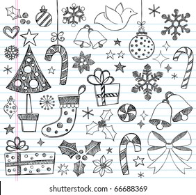 Hand-Drawn Christmas Sketchy Notebook Doodles- Vector Illustration Design Elements on Lined Sketchbook Paper Background