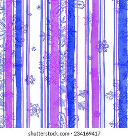 Hand-drawn Christmas snowflake seamless pattern with watercolor stripes for wrapping paper  / Vector Illustration