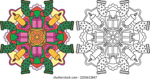 Hand-drawn. Christmas Socks, gift boxes, and candles mandala. Doodles art for Merry Christmas or Happy new year card. Coloring page for adults and kids.