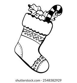 
A hand-drawn Christmas stocking filled with holly, berries, and a candy cane, featuring intricate patterns and a festive black-and-white design.