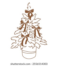 Hand-drawn Christmas tree with bows on transparent background. Vintage line doodle in sketch style for wall art prints, holiday cards, branding, stories, collages.	
