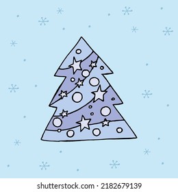 Un árbol de navidad dibujado a mano. Ilustración vectorial coloreada en estilo doodle. Ánimo de invierno. Hola 2023. Feliz Navidad y Feliz Año Nuevo. Árbol azul con juguetes en el fondo con copos de nieve.