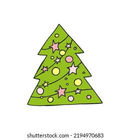 A hand-drawn christmas tree. Colored vector illustration in doodle style. Winter mood. Hello 2023. Merry Christmas and Happy New Year. Green tree with a yellow and pink toys on a white background. 
