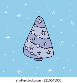A hand-drawn christmas tree. Colored vector illustration in doodle style. Winter mood. Hello 2023. Merry Christmas and Happy New Year. Blue tree with toys on a background with a snowflakes.