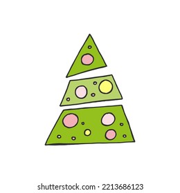 A hand-drawn christmas tree. Colored vector illustration in doodle style. Winter mood. Hello 2023. Merry Christmas and Happy New Year. Green tree with a yellow and pink toys on a white background. 