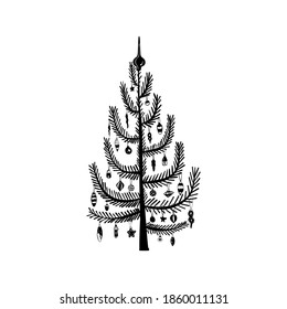 Árbol de Navidad dibujado a mano. Ilustración del vector Doodle. Elemento invernal para tarjetas de felicitación, carteles, pegatinas y diseños estacionales. Aislado sobre blanco

