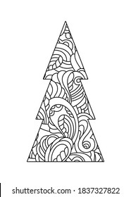 Hand-drawn Christmas tree with ethnic abstract pattern. Coloring page for adults and children.