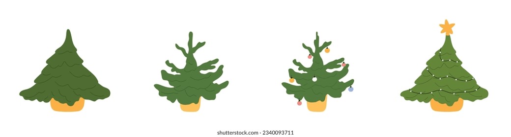 Hand-Drawn Christmas Tree Icon. Festive Xmas Spruce. Green Fir Cartoon with Decorated Ornaments. Flat Illustrations Isolated on White Background.