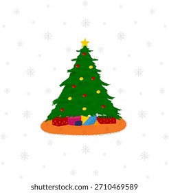Hand-drawn Christmas tree ornament vector illustration design with boxes of gifts under it and raining snowflakes as a background, perfect for the holiday season, postcards, posters, and apparel. 