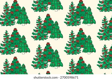 Patrón de árbol de Navidad dibujado a mano con arcos y adornos para papel de regalo y estampados