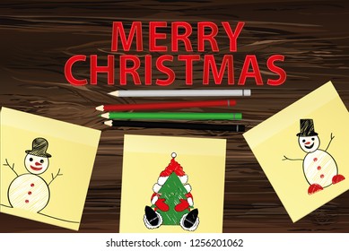 Hand-drawn christmas tree and santa claus and snowman on three yellow stickers. Greeting card. Vector with colorful pencils on wooden background