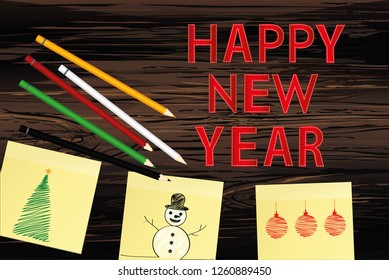 Hand-drawn christmas tree and santa claus and snowman on three yellow stickers. Greeting card. Vector with colorful pencils on wooden background