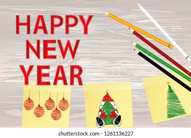 Hand-drawn christmas tree and santa claus and snowman on three yellow stickers. Greeting card. Vector with colorful pencils on wooden background