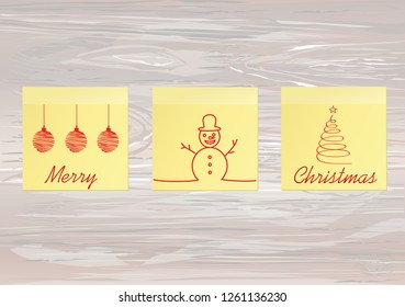 Hand-drawn christmas tree and santa claus and snowman on three yellow stickers. Greeting card. Vector on wooden background