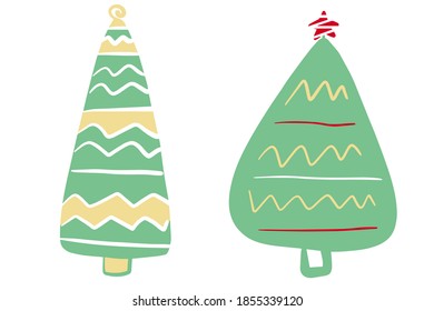 Hand-drawn Christmas tree set. Doodle cartoon illustration with Christmas decorations, stars. New year concept. Abstract poster with holiday symbols. Vector collection isolated on white background.