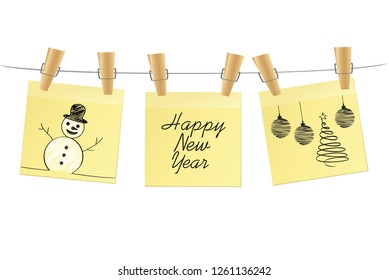 Hand-drawn christmas tree and snowman and red balls on three yellow stickers. Greeting card. Vector on white background