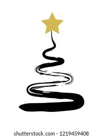 Handdrawn christmas tree with star, hand painted with ink brush. Vector illustration