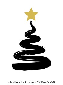 Handdrawn christmas tree with star, hand painted with ink brush. Vector illustration