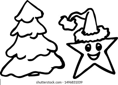 Hand-drawn Christmas tree and Christmas star, on a white isolated background. Congratulatory design. Vector illustration