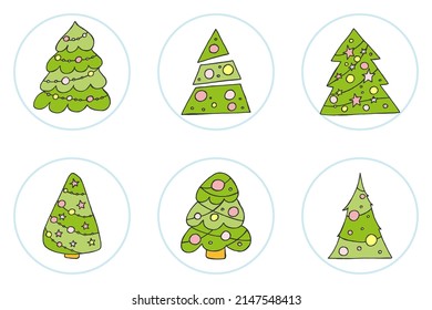 A hand-drawn christmas tree. Vector illustration in doodle style. Winter mood. Hello 2023. Merry Christmas and Happy New Year. Green trees with a yellow and pink toys on a white background.