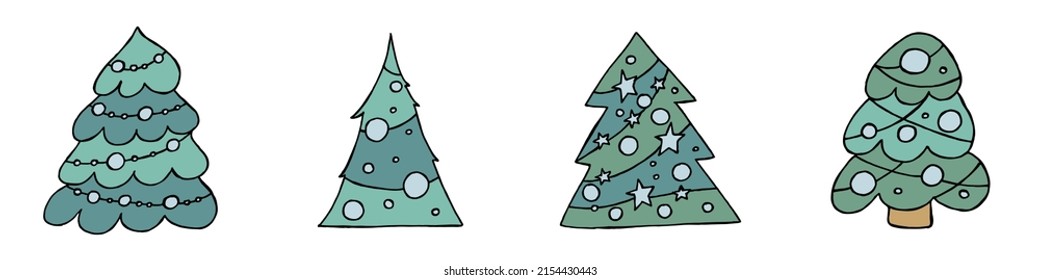A hand-drawn christmas tree. Vector illustration in doodle style. Winter mood. Hello 2023. Merry Christmas and Happy New Year. Green trees with a blue toys on a white background.