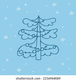 A hand-drawn christmas tree. Vector illustration in doodle style. Winter mood. Hello 2023. Merry Christmas and Happy New Year. Dark blue element with a white snowflakes on a blue background.