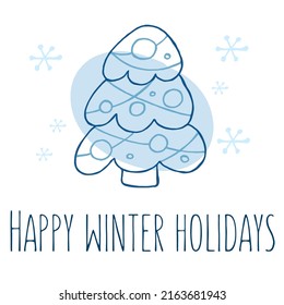 A hand-drawn christmas tree. Vector illustration in doodle style. Winter mood. Hello 2023. Merry Christmas and Happy New Year. Blue element with a snowflakes on a white background.