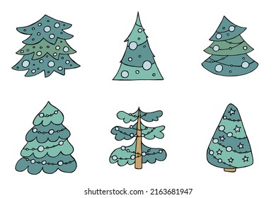 A hand-drawn christmas tree. Vector illustration in doodle style. Winter mood. Hello 2023. Merry Christmas and Happy New Year. Green trees with a blue toys on a white background.