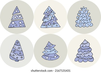 A hand-drawn christmas tree. Vector illustration in doodle style. Winter mood. Hello 2023. Merry Christmas and Happy New Year. Blue trees with a toys on a gray background.