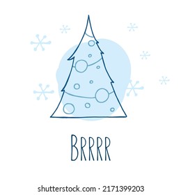 A hand-drawn christmas tree. Vector illustration in doodle style. Winter mood. Hello 2023. Merry Christmas and Happy New Year. Blue element with a snowflakes on a white background.