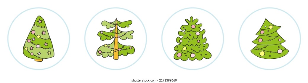 A hand-drawn christmas tree. Vector illustration in doodle style. Winter mood. Hello 2023. Merry Christmas and Happy New Year. Green trees with a yellow and pink toys on a white background.