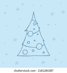 Ein handgezeichneter Weihnachtsbaum. Vektorgrafik im Doodle-Stil. Winterstimmung. Hallo 2023. Frohe Weihnachten und glückliches neues Jahr. Dunkelblaues Element mit Schneeflocken auf blauem Hintergrund.