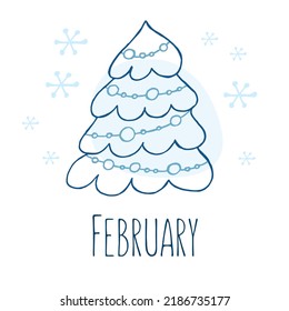 A hand-drawn christmas tree. Vector illustration in doodle style. Winter mood. Hello 2023. Merry Christmas and Happy New Year. Blue element with a snowflakes on a white background.