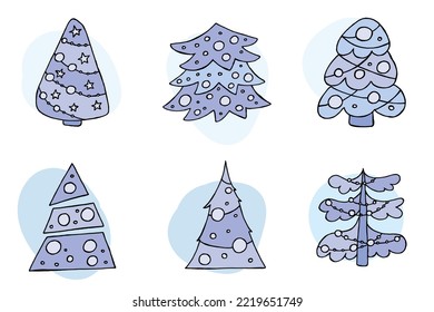 A hand-drawn christmas tree. Vector illustration in doodle style. Winter mood. Hello 2023. Merry Christmas and Happy New Year. Blue trees with a toys on a white background.