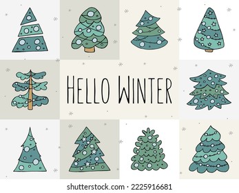 A hand-drawn christmas tree. Vector illustration in doodle style. Winter mood. Hello 2023. Merry Christmas and Happy New Year. Green trees with a blue toys on a gray background.