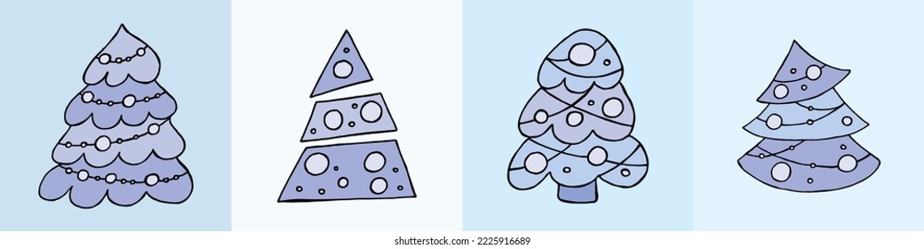 A hand-drawn christmas tree. Vector illustration in doodle style. Winter mood. Hello 2023. Merry Christmas and Happy New Year. Blue trees with a toys on a blue background.