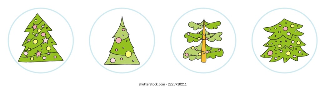 A hand-drawn christmas tree. Vector illustration in doodle style. Winter mood. Hello 2023. Merry Christmas and Happy New Year. Green trees with a yellow and pink toys on a white background.