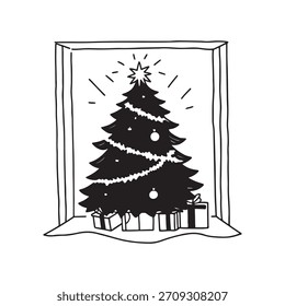 Hand-Drawn Christmas Tree in a Window with Presents