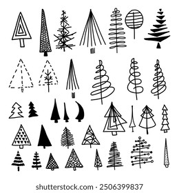 Hand-drawn Christmas trees. Forest doodles for winter design.